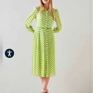 LK Bennett Lime and Cream Chevron Button-Front Midi Dress - Size 14